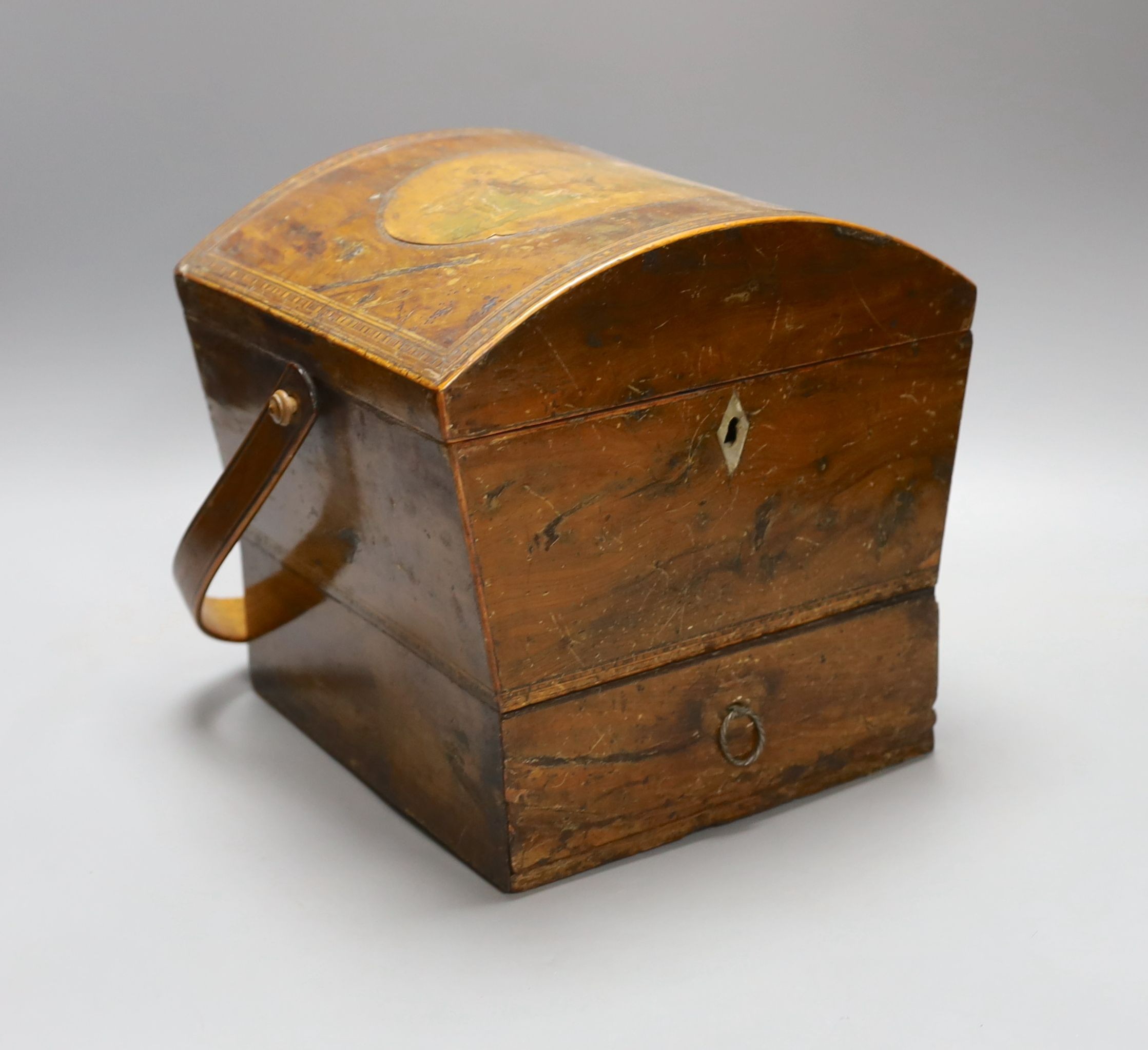 A Regency inlaid mahogany domed topped sewing basket, with swing handle over - 23cm high